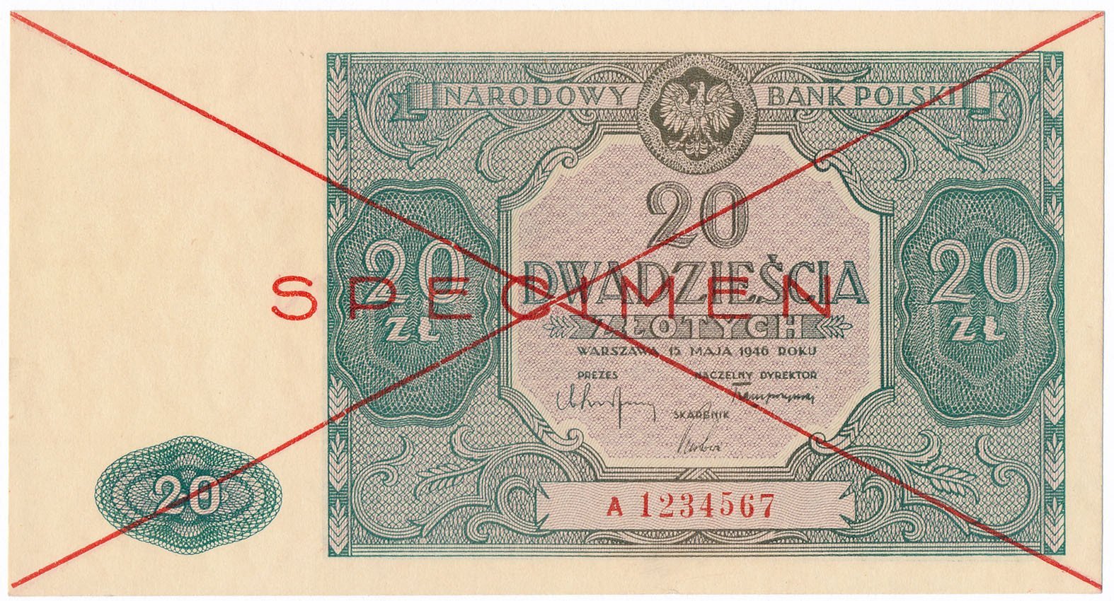 Banknot. 20 złotych 1946 seria A SPECIMEN